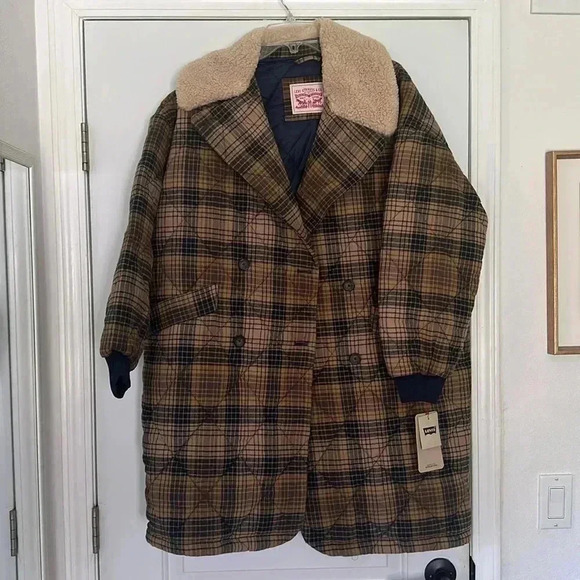 Levi's Checkered Wool-Blend Puffer Coat - Brown and Navy - Picture 7 of 14